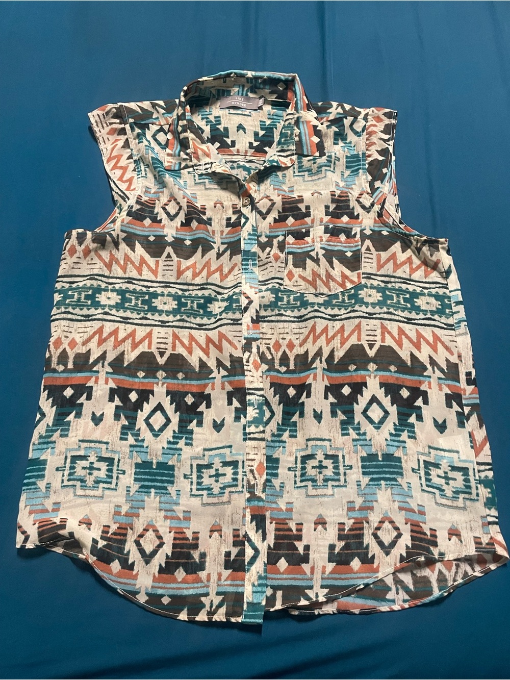 Sleeveless Aztec-Pattern Button Front Blouse - Teal & Rust